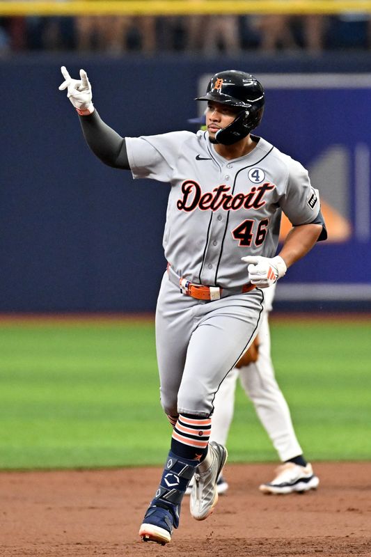 Detroit Tigers right fielder Wenceel Perez (46) reacts after hitting an two run home run in the second inning against the Tampa Bay Rays at Tropicana Field in St. Petersburg, Florida, on Tuesday, June 2, 2026.