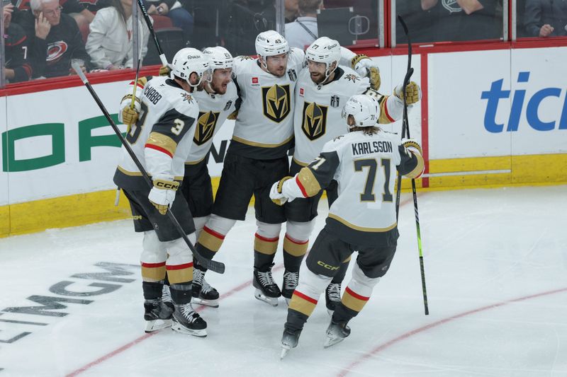 Golden Knights center Brett Howden (21) celebrates scoring during the third period against the Hurricanes in Game 1 of the 2026 Stanley Cup Final at Lenovo Center.
