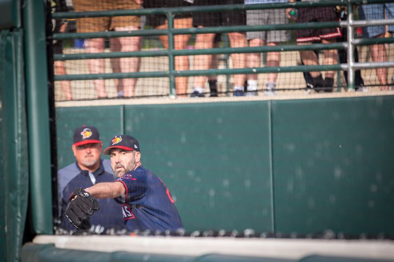 Justin Verlander warms up for his rehab start against the Iowa Cubs at Principal Park on June 2.