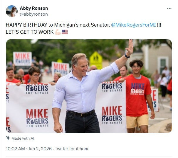This is a Detroit News image of U.S. Senate candidate Mike Rogers walking in a Fourth of July parade in downtown Milford, Mich. on July 4, 2024 that was altered using artificial intelligence to make the White Lake Township Republican look buff.