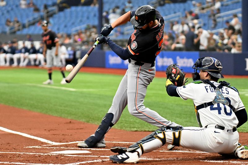 Detroit Tigers left fielder Riley Greene (31) hits a single in the first inning against the Tampa Bay Rays at Tropicana Field.