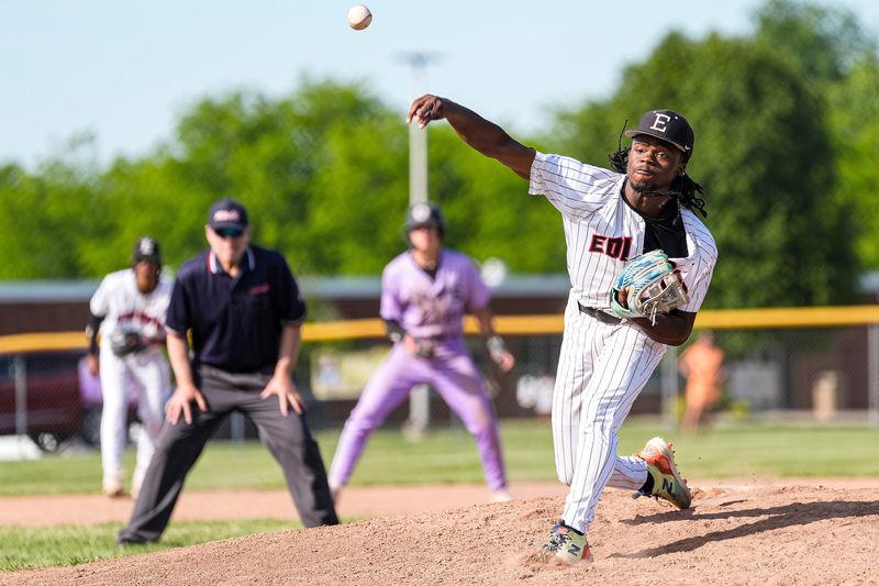 Detroit Edison’s Jamir Campbell throws against Onsted during a regional semifinal at Onsted High School in Onsted on Wednesday, June 3, 2026.