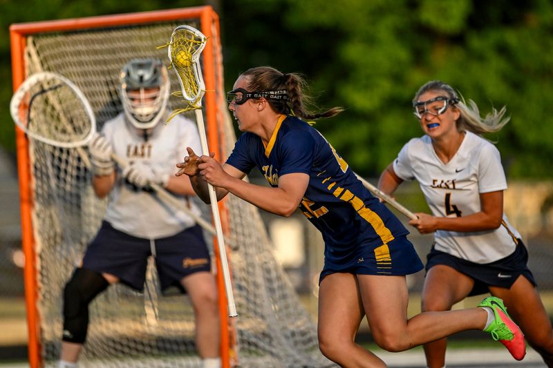 Haslett-Williamston's Abby Russell moves toward the goal against East Grand Rapids in the fourth quarter of the Division 2 girls lacrosse state semifinal on Wednesday, June 3, 2026, at East Lansing High School.