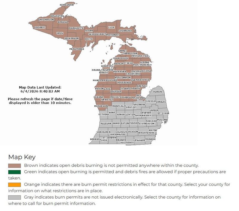 Burn ban map for Michigan on June 4.