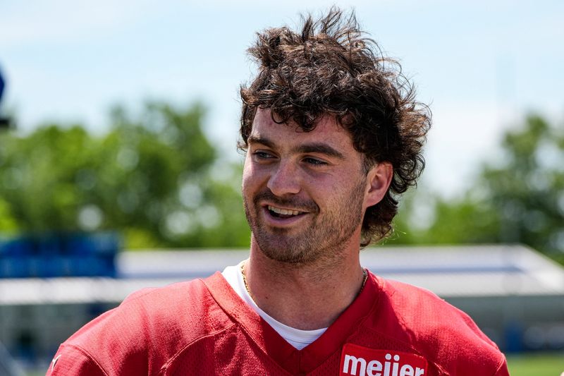 Detroit Lions quarterback Luke Altmyer (2) speaks to media members during OTAs at Meijer Performance Center in Allen Park on Thursday, June 4, 2026.
