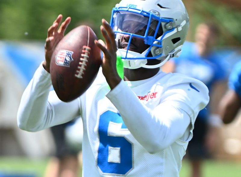 Cornerback Terrion Arnold pulls in a reception during a Detroit Lions OTA session at the training facility in Allen Park on June 4, 2026.