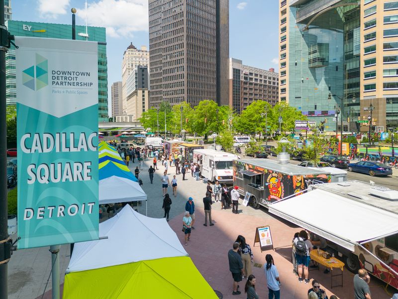 Food trucks at downtown Detroit's Cadillac Square.