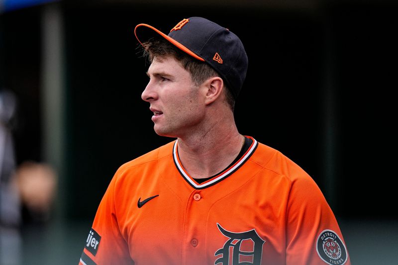 Detroit Tigers designated hitter Colt Keith (33) looks on from the dugout during the first inning against Seattle Mariners at Comerica Park in Detroit on Friday, June 5, 2026.