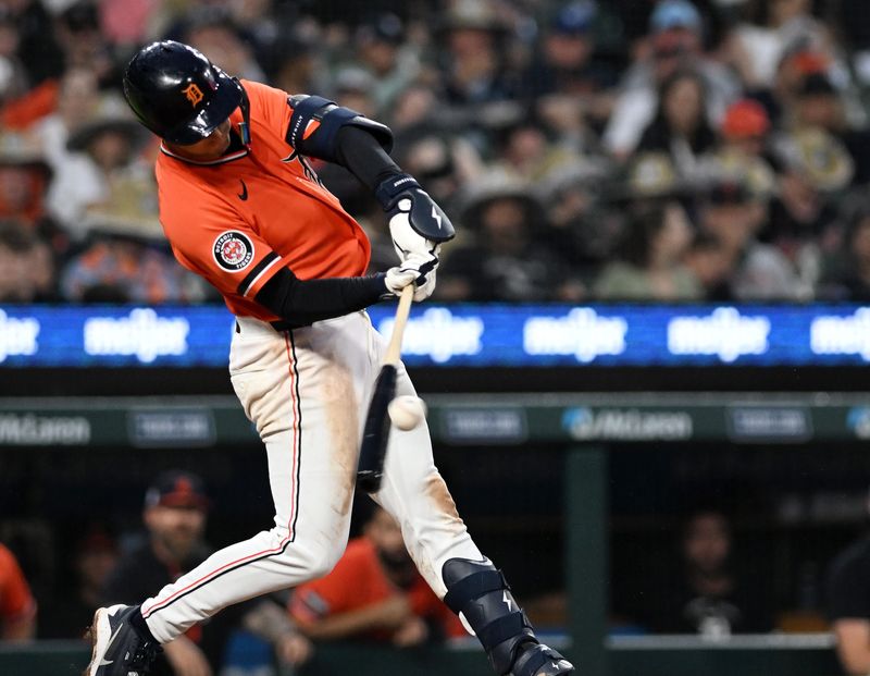Tigers’ Zack Short singles in the seventh inning. Detroit Tigers take on the Seattle Mariners on June 5, 2026 at Comerica Park in Detroit.