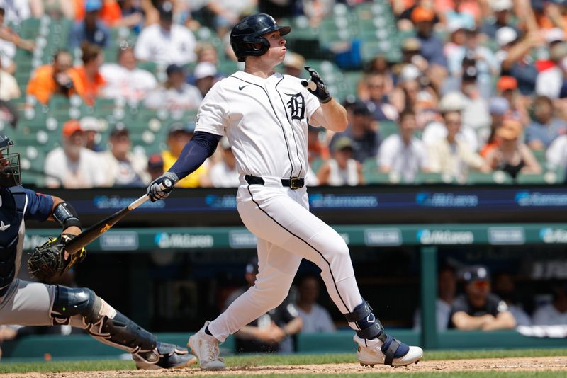 Detroit Tigers third baseman Colt Keith (33) hits a triple in the third inning against the Seattle Mariners at Comerica Park in Detroit on Saturday, June 6, 2026.