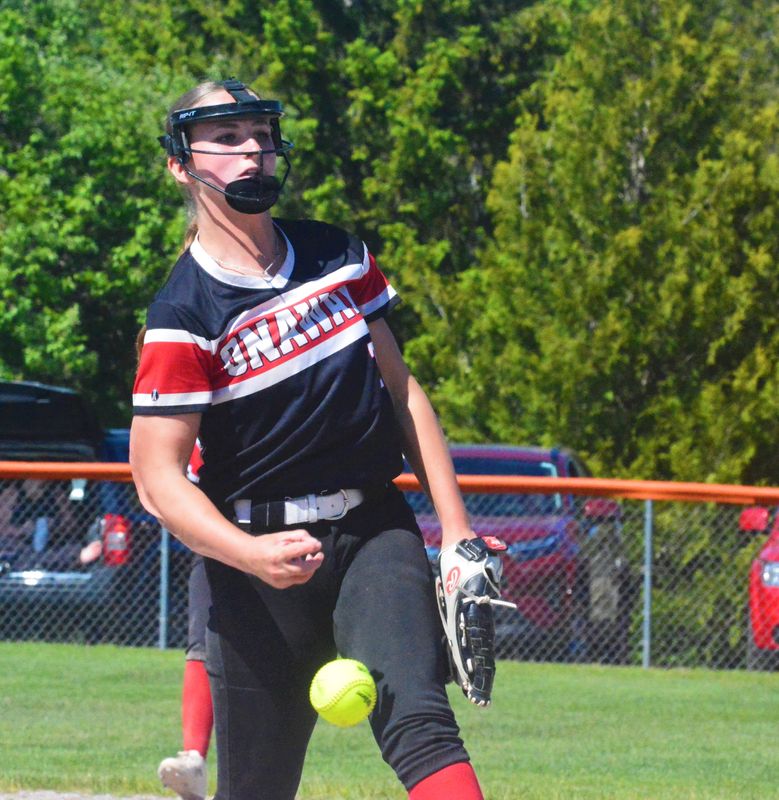 Onaway sophomore pitcher Aleigha Garms fires during an MHSAA Division 4 regional softball championship game against Hillman at Rogers City on Saturday, June 6.