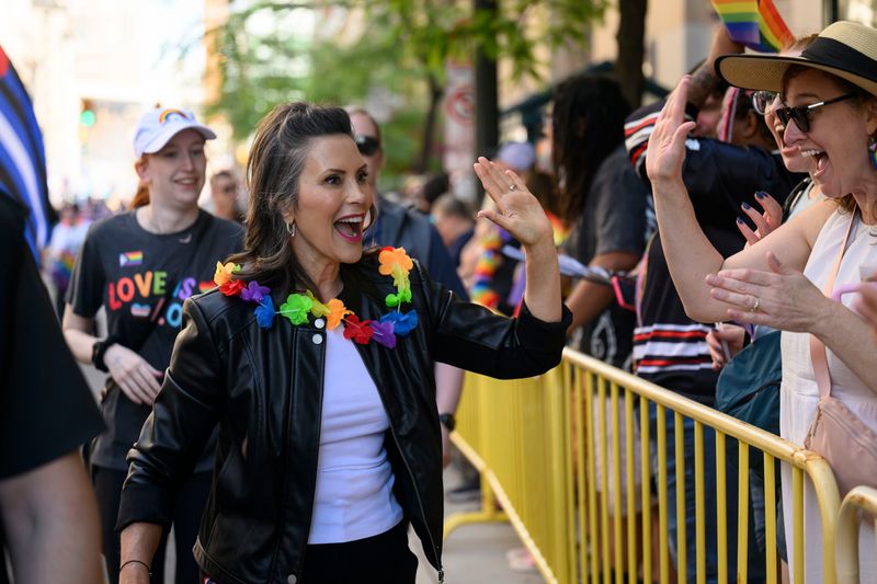Democratic Gov. Gretchen Whitmer participates in the annual Motor City Pride Parade on June 7 in downtown Detroit. The fiscal year 2027 budget the Legislature sent Whitmer last week includes $3 million to help Whitmer transition out of office at the end of 2026.
