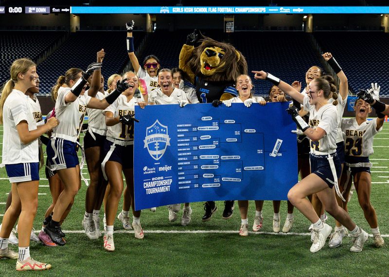 St. Joseph celebrates winning the the Michigan Girls High School Flag Football League state championship tournament on Sunday, June 7, 2026, at Ford Field.