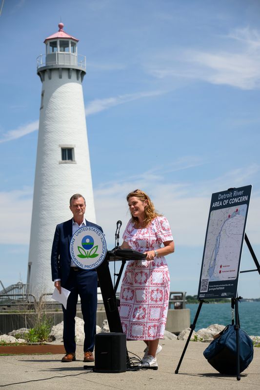 EGLE Director Phil Roos, left, and EPA Regional Administrator Anne Vogel speak at a press conference at the William G. Milliken State Park and Harbor in Detroit on Monday. The Michigan Department of Environment, Great Lakes and Energy and the U.S. Environmental Protection Agency announced a new $10 million investment to support continued restoration of the Detroit River.