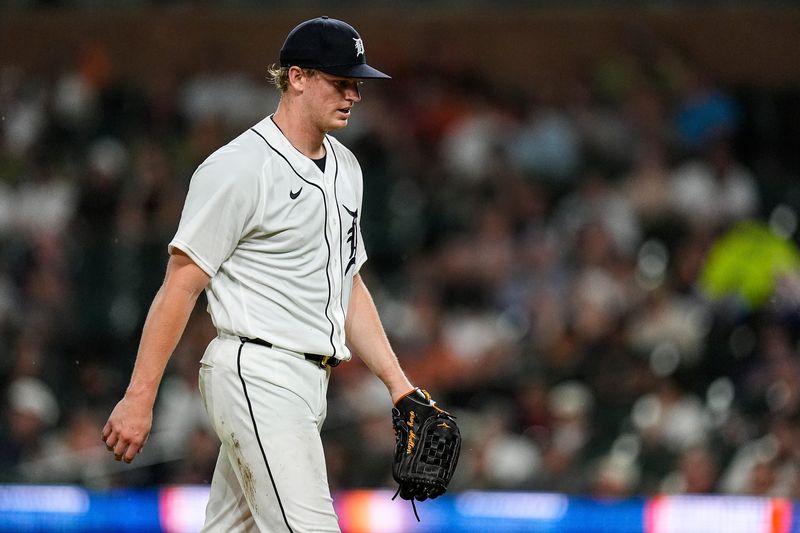 Detroit Tigers pitcher Troy Melton (52) walks off the mound after throwing against Minnesota Twins during the third inning at Comerica Park in Detroit on Tuesday, June 9, 2026.