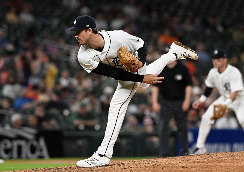 Tigers pitcher Drew Anderson (38) delivers a pitch in the sixth inning. Detroit Tigers take on the Minnesota Twins on June 8, 2026 at Comerica Park in Detroit.