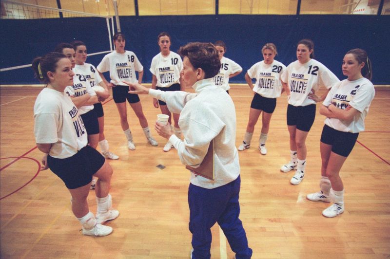 Fraser Volleyball Coach Loretta Vogel talks to the team at practice in 1996.
