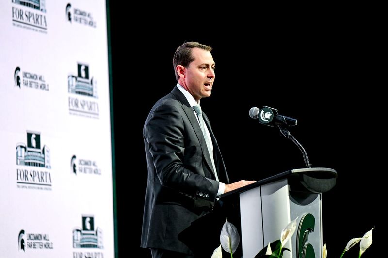 MSU Athletic Director J Batt speaks during an event announcing the $401 million donation to Michigan State University from Greg and Dawn Williams on Friday, Dec. 5, 2025, at the Breslin Center in East Lansing.