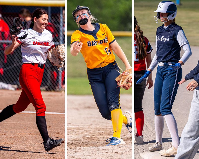 JoBurg's Ashlynn Burke (left), Gaylord's Nora Bethuy (center) and St. Mary's Payton Glasby (right) headline the 2026 Gaylord Herald Times All-Area Softball team.