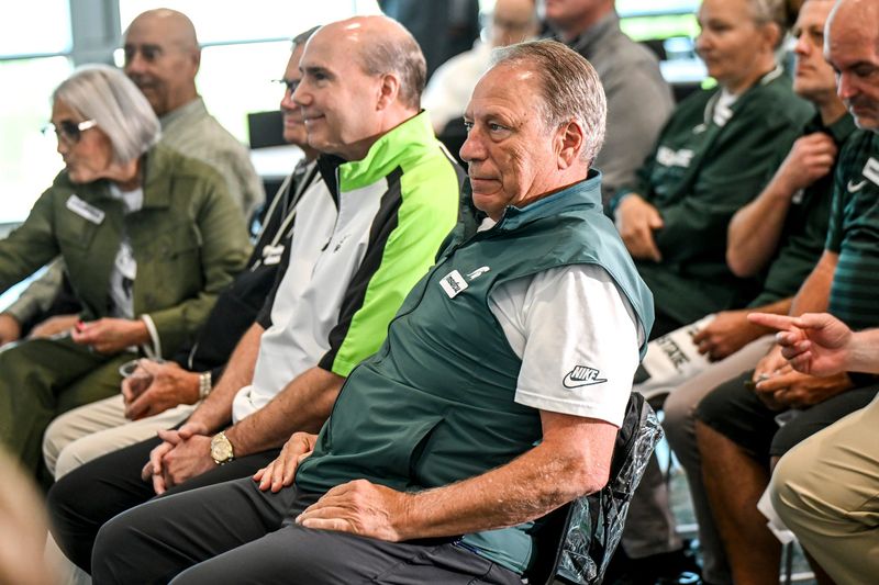 MSU basketball coach Tom Izzo listens during an announcement of Michigan State Athletics and MSUFCU’s jersey patch sponsorship on Monday, June 15, 2026, at the MSUFCU Club in Spartan Stadium in East Lansing.