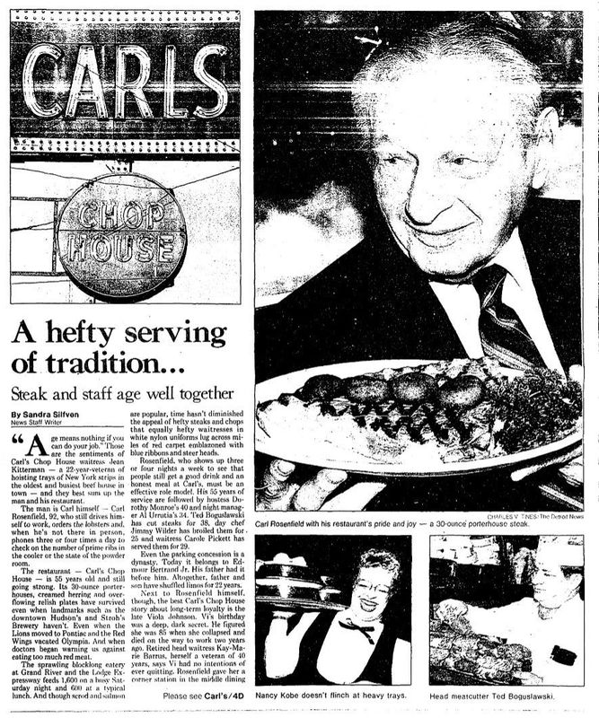 A 1987 Detroit News feature on Carl's Chop House from staff writer Sandra Silfven.