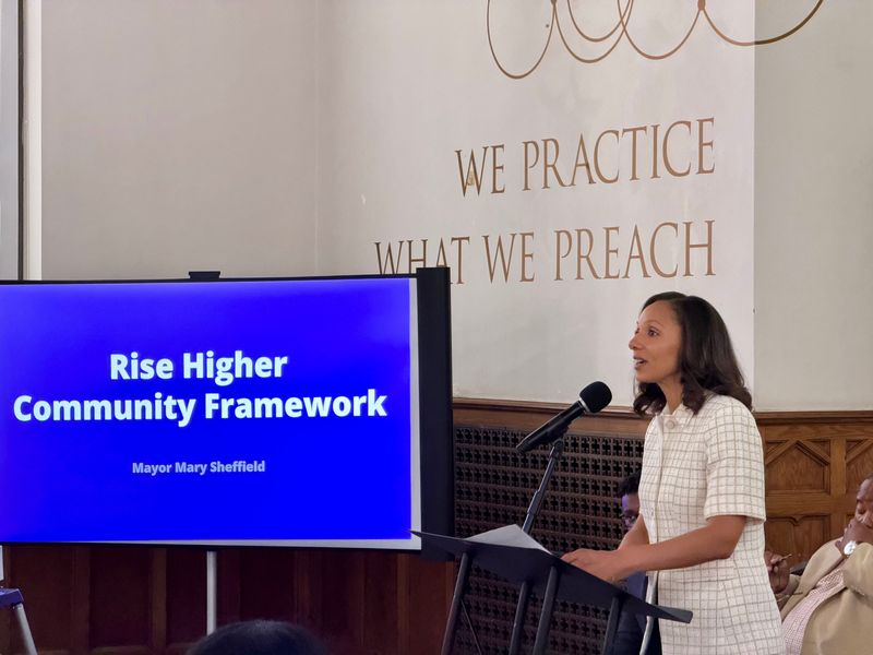 Mayor Mary Sheffield announces her Rise Higher community survey and resident-driven feedback at Marygrove Conservancy on Monday, June 15, 2026.