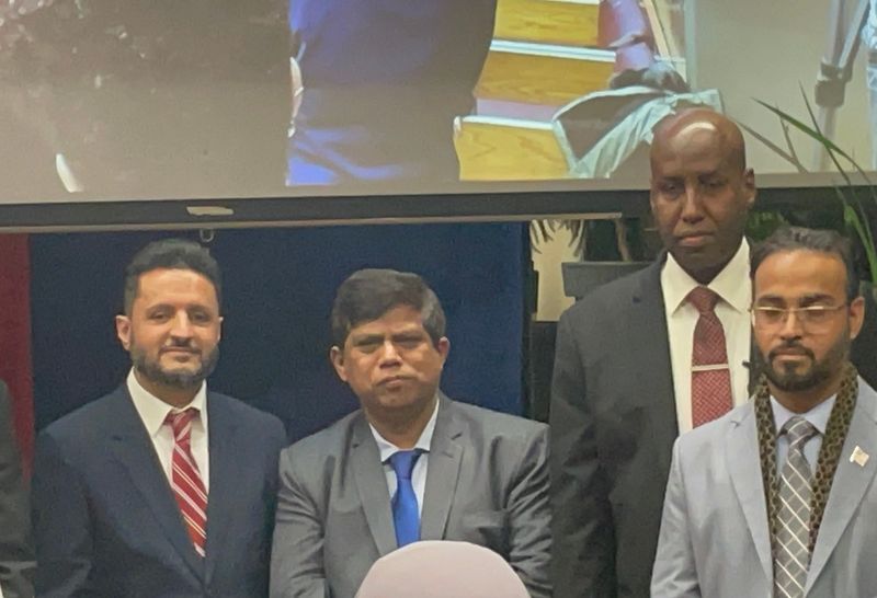 Hamtramck Mayor Adam Alharbi (left), Councilmen Abu Musa, Yousuf Saed, and Nayeem Choudhury at their swearing-in ceremony at Hamtramck Public Library on Jan. 4, 2026.