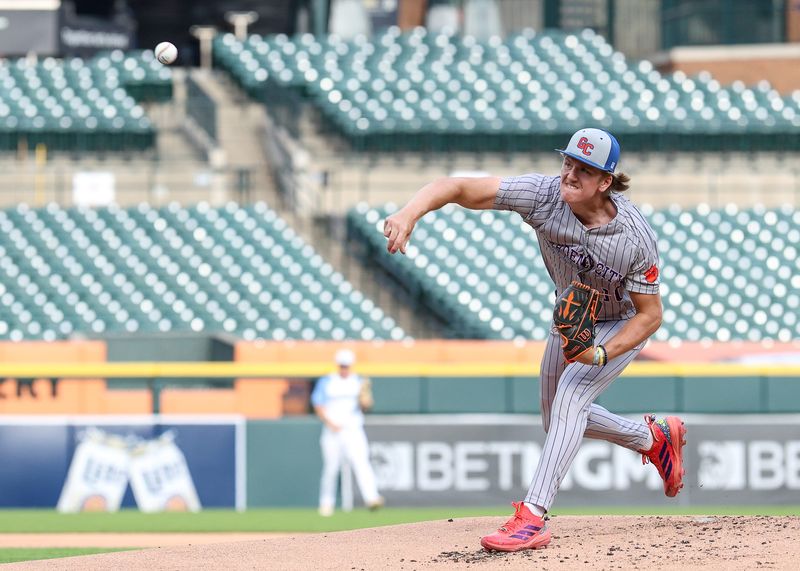 Garden City's Ethan Armstrong pitches during the 45th annual MHSBCA East-West All-Star Baseball Classic on Monday, June 15, 2026, at Comerica Park.