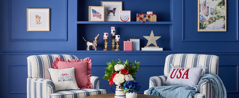Traditional stars and stripes set the tone for this space that incorporates traditional patterns, colors and shapes associated with Independence Day celebrations.