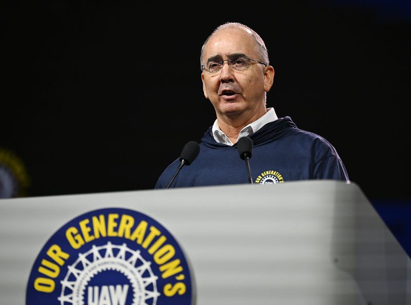 UAW President Shawn Fain delivers his keynote speech to members at the union's Constitutional Convention on June 16 in Detroit.