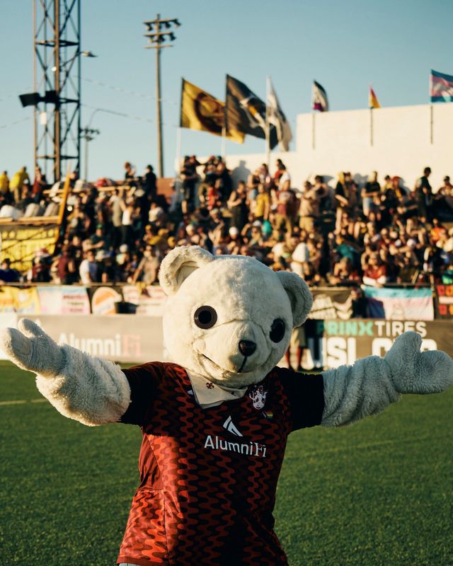 Detroit City Football Club mascot Friendly the polar bear hypes up a crowd.
