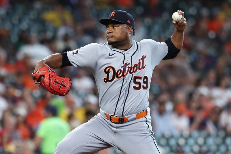 Detroit Tigers starting pitcher Framber Valdez (59) delivers a pitch during the first inning against the Houston Astros at Daikin Park in Houston on Tuesday, June 16, 2026.