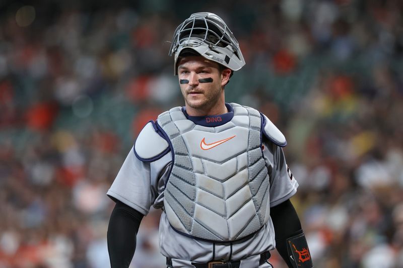 Detroit Tigers catcher Dillon Dingler (13) looks toward the dugout during the second inning against the Houston Astros at Daikin Park in Houston on Tuesday, June 16, 2026.