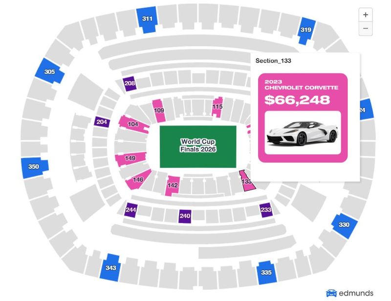 This graphic of MetLife Stadium in New Jersey shows World Cup Final ticket prices as of June 15, 2026 and what kind of used car you might get for the same money.