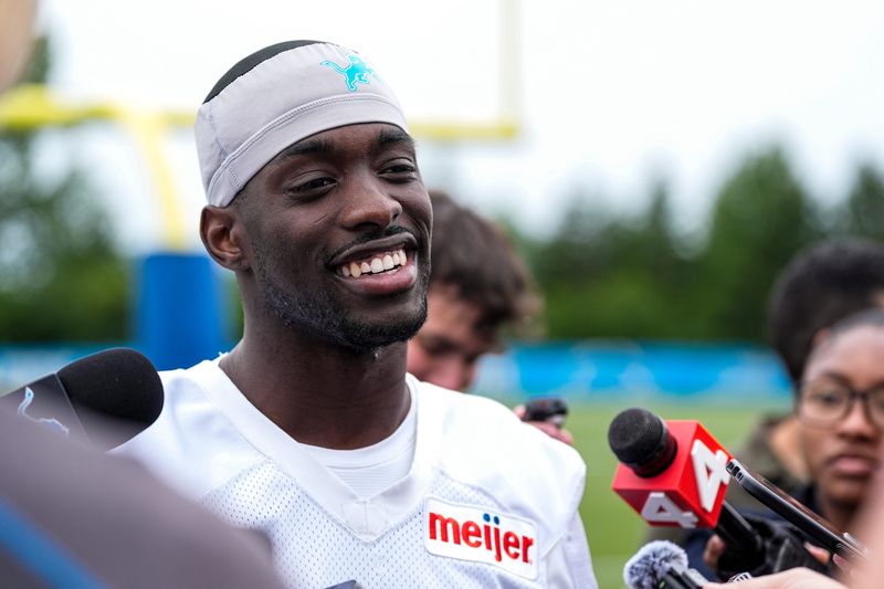 Detroit Lions cornerback Terrion Arnold (6) speaks to media members after practice during mini camp at Meijer Performance Center in Allen Park on Wednesday, June 17, 2026.
