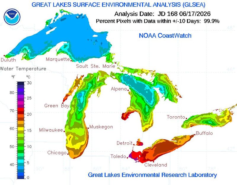 A digital map of the Great Lakes surface water temperatures.
