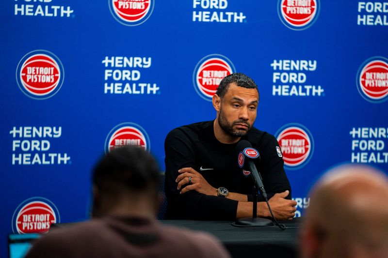 Detroit Pistons President of Basketball Operations Trajan Langdon speaks during a pre-NBA Draft news conference at the Henry Ford Detroit Pistons Performance Center in Detroit on Thursday, June 18, 2026.