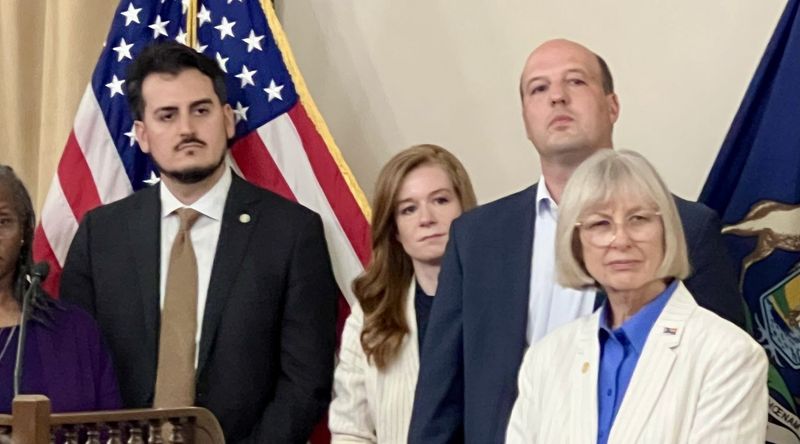 Michigan state Sens. Darrin Camilleri, Mallory McMorrow, Kevin Hertel and Rosemary Bayer appear at a press conference on Thursday, June 18, 2026, to debut a package of regulations for data centers.