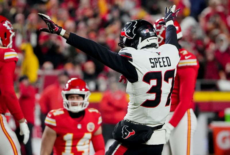 Dec 7, 2025; Kansas City, Missouri, USA; Houston Texans cornerback Ameer Speed (37) celebrates a missed field goal from the Kansas City Chiefs during the second quarter at GEHA Field at Arrowhead Stadium. Mandatory Credit: Denny Medley-Imagn Images