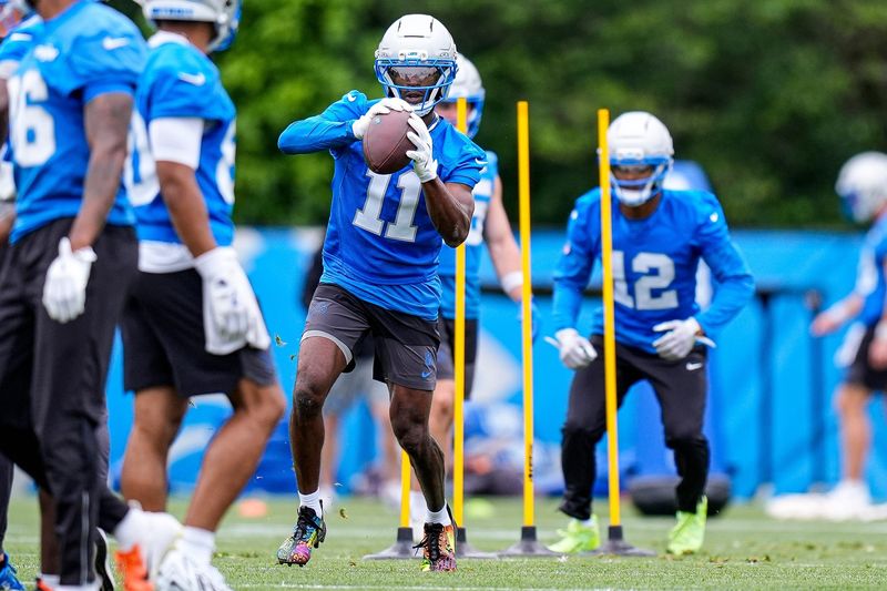 Detroit Lions wide receiver Lucky Jackson (11) practices during mini camp at Meijer Performance Center in Allen Park on Wednesday, June 17, 2026.