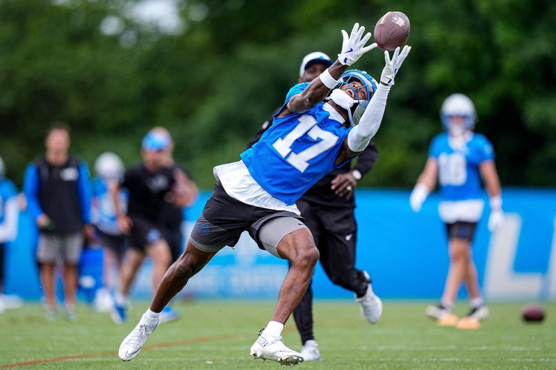 Detroit Lions wide receiver Tay Martin (17) practices during mini camp at Meijer Performance Center in Allen Park on Wednesday, June 17, 2026.