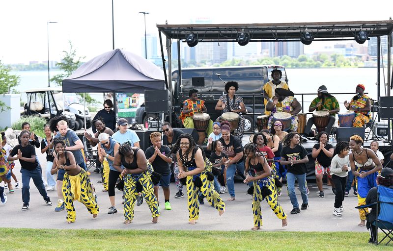 Nanou Djiapo African Drum and Dance perform and get people up and dancing during the Detroit Riverfront Conservancy annual Juneteenth event on June 19, 2026 at the Ralph C. Wilson Jr. Centennial Park in Detroit.