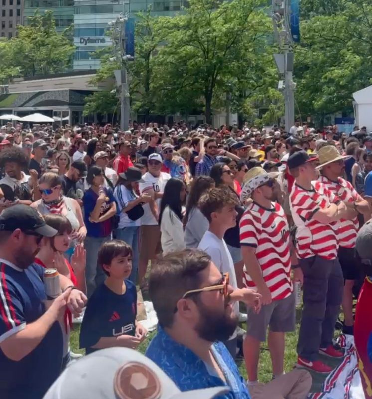 Fans watch as Team USA plays Australia in the World Cup on June 19, 2026 at Campus Martius Park in downtown Detroit.