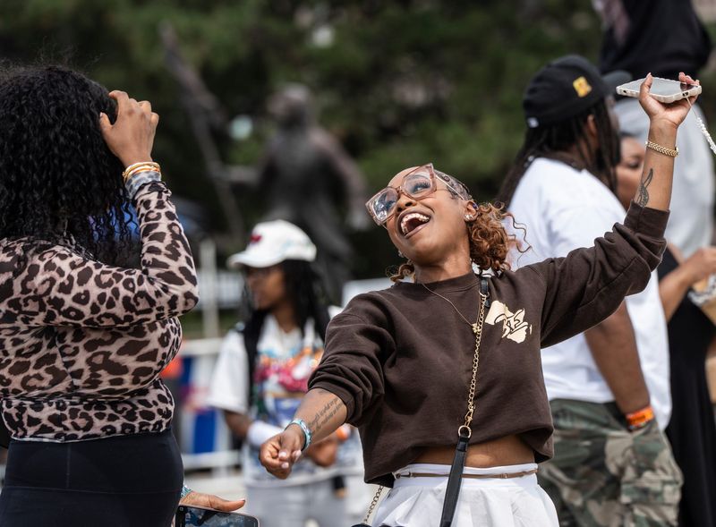 People dance during the Hart of Detroit Festival at Hart Plaza in downtown Detroit on Friday, June 19, 2026, while celebrating Juneteenth.