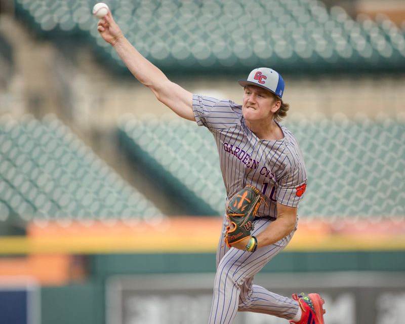 Garden City senior Ethan Armstrong, 2026 Mr. Baseball, pitches during the 2026 East vs. West Michigan High School Baseball All-Star Game at Comerica Park in Detroit on Monday, June 15, 2026. Armstrong is currently planning to attend the University of Michigan and play baseball for the Wolverines, but is likely to get drafted this summer. He is undecided whether he will stick to college or go to the MLB if drafted.