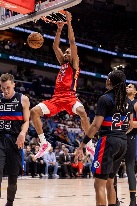 New Orleans Pelicans forward Trey Murphy III dunks the ball against the Detroit Pistons at Smoothie King Center in New Orleans, Jan. 21, 2026.
