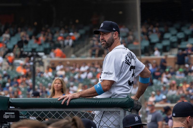 Detroit Tigers pitcher Justin Verlander watches from the dugout during a game against the Chicago White Sox at Comerica Park in Detroit on Sunday, June 21, 2026.