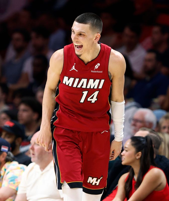 Miami Heat guard Tyler Herro reacts against the Detroit Pistons during the second half on March 8, 2026, in Miami.