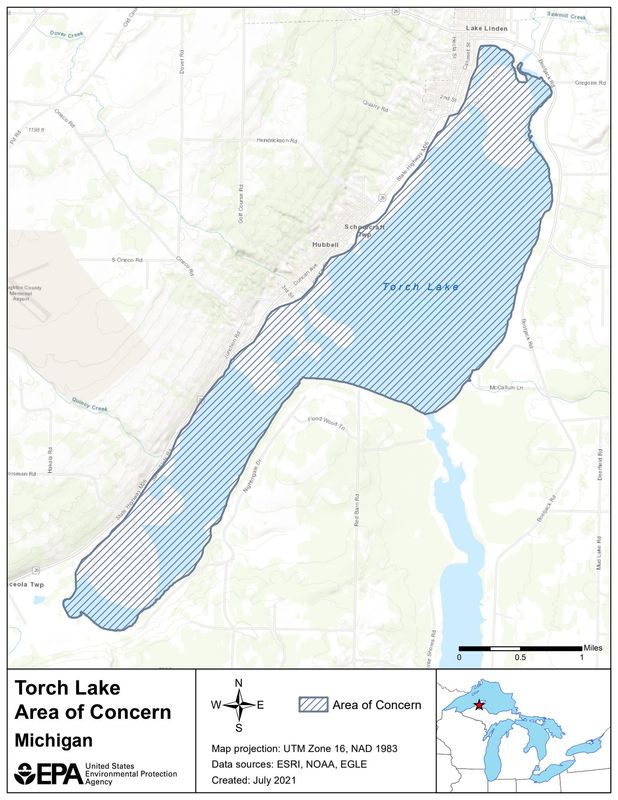 The Torch Lake Area of Concern, in the Upper Peninsula's Keweenaw Peninsula, includes areas of legacy contamination due to more than a century of copper mining activity. A project this summer is removing contaminated sediments from the Lake Linden Recreation Area at the northeasternmost portion of the lake.
