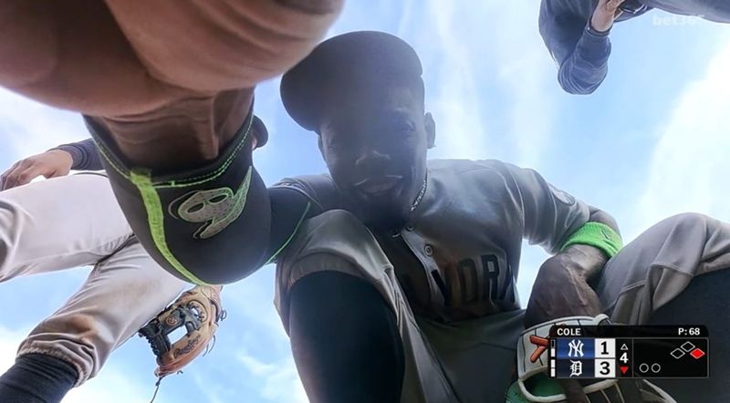 The view from the second-base dirt camera during Monday night's Tigers-Yankees game on Detroit SportsNet, with Yankees second baseman Jazz Chisholm Jr.